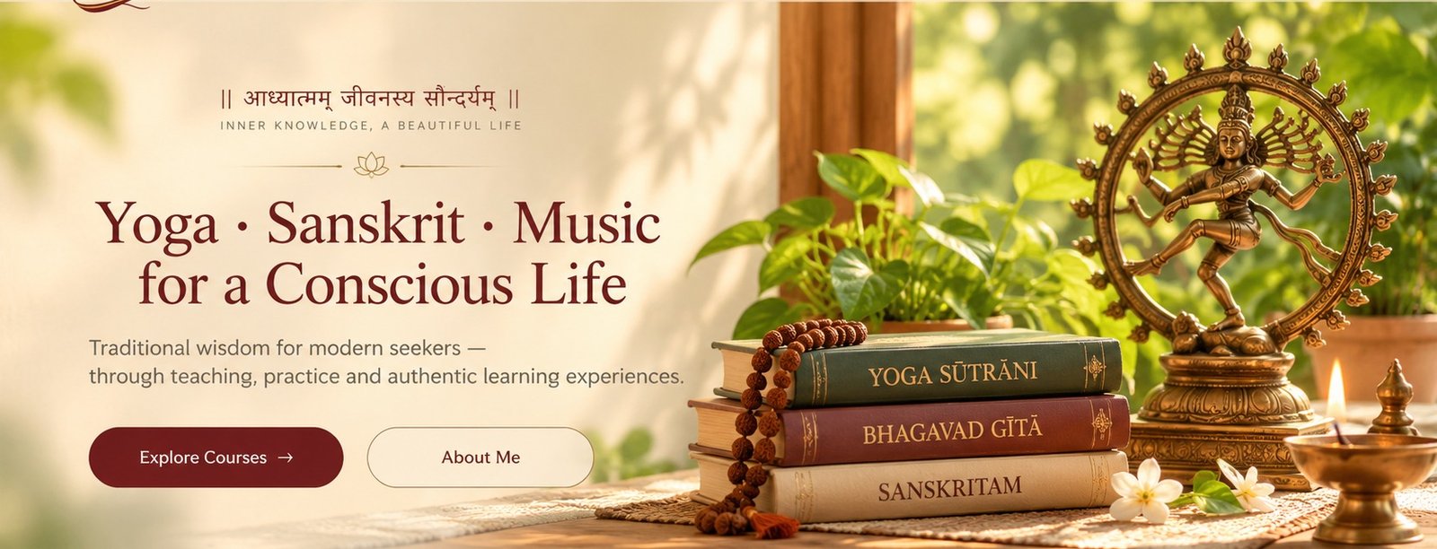 Yogashree — Yoga, Sanskrit and Music for a Conscious Life, with sacred books, a brass Nataraja and a lit diya